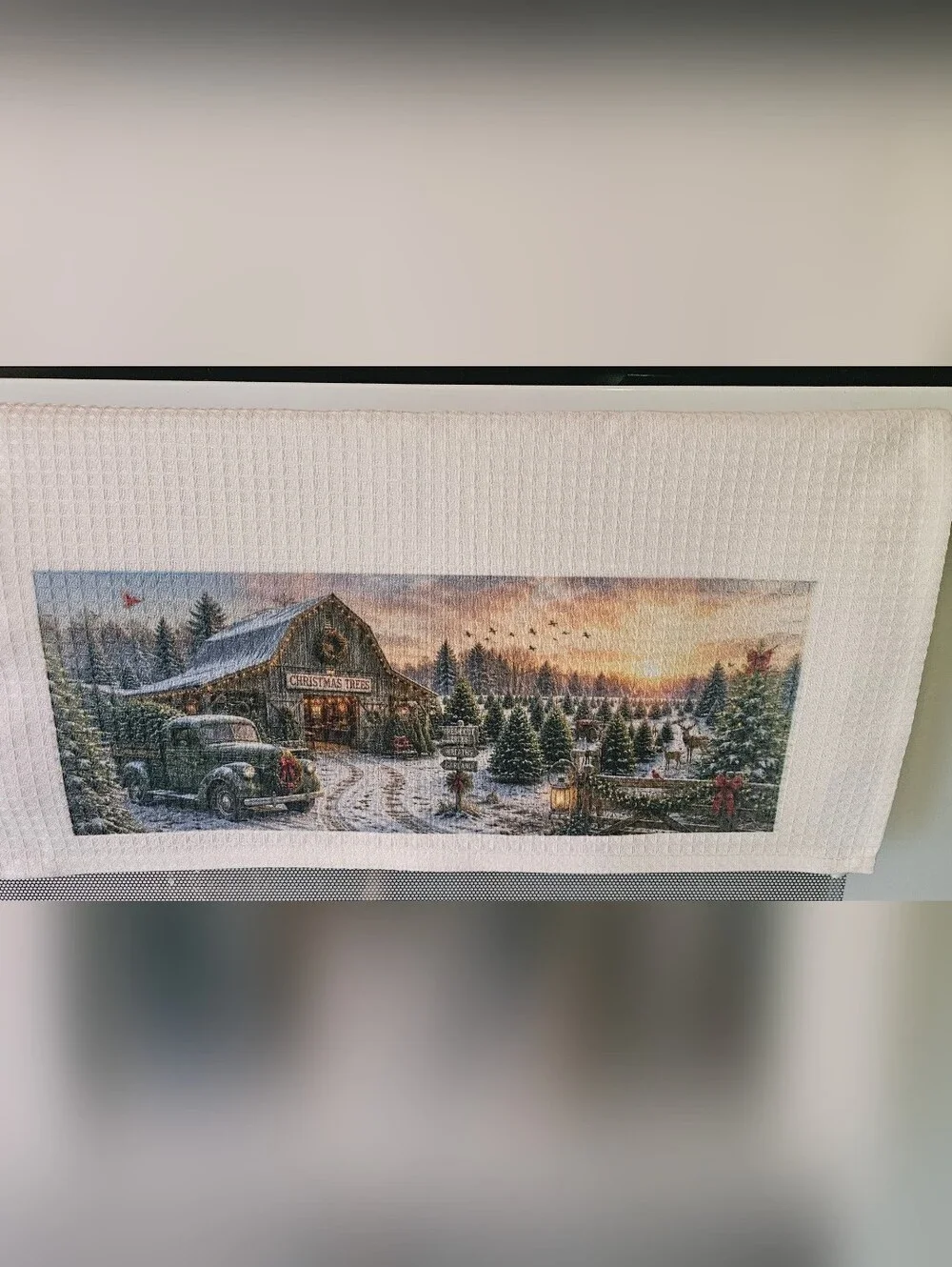 Hand Crafted White Kitchen Towel with Winter Scene Prints
